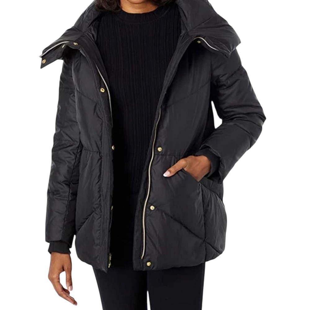 Cole Haan Essential Down Cocoon Black Puffer Hooded Jacket Coat Zip Front (M)